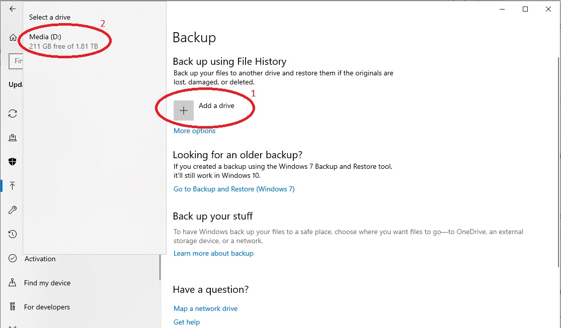 Windows 10 Backup drive selection